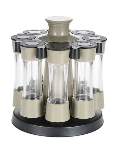 8-Piece Rotating Spice Bottle Set Grey/Beige/Clear 21 x 17.5cm
