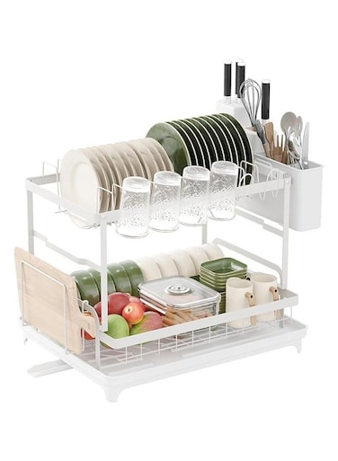 Dish Drying Rack, 2 Tier Dish Racks for Kitchen Counter, Large Dish Drying Rack with Drainboard &amp; Utensil Holders, Rust-Proof Dish Drainers,Kitchen Organization