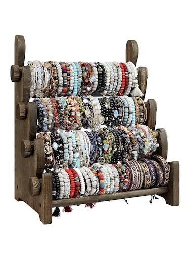 TOPNEW 4 Tier Wooden Bracelet Holder, Bangle Watch Necklace Display Storage Jewelry Holder Stand Display Organizer, Brown