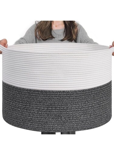 Kameety Woven Rope Basket with Handle, XXXLarge, Cotton (21.7" x 21.7" x 13.8") Laundry Hamper For Baby Laundry, Blanket, Toy, Storage Comforter Cushions (White &amp; Grey)