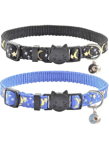 SWR 2 PCS Breakaway Cat Collar with Bell, Cute Adjustable Kitten Collars with Accessories (Black Blue)