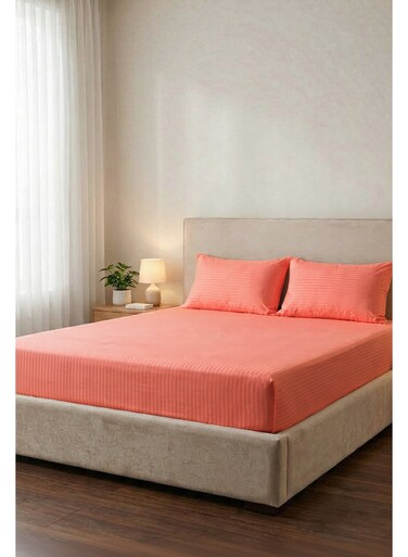 Cotton 3-Piece Microfiber Double Fitted Sheet Set &acirc;&euro;&ldquo; Peach Striped 150 x 200 cm with Full Elastic &amp; 2 Pillowcase