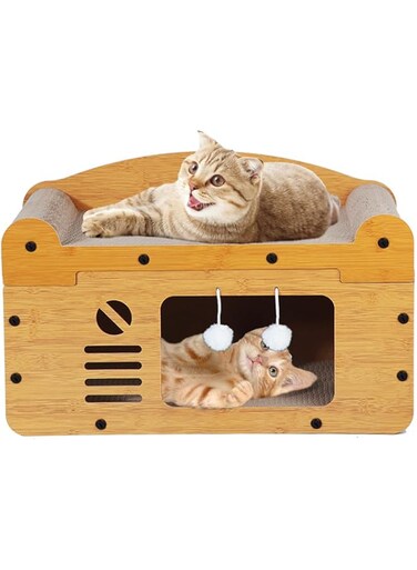 ikeoat Cat Scratcher House, Cat Cardboard Box with 2 PCS Cat Scratch Pads, Sofa Shaped Scratcher Cat Toy for Indoor Cats, Easy to Assemble
