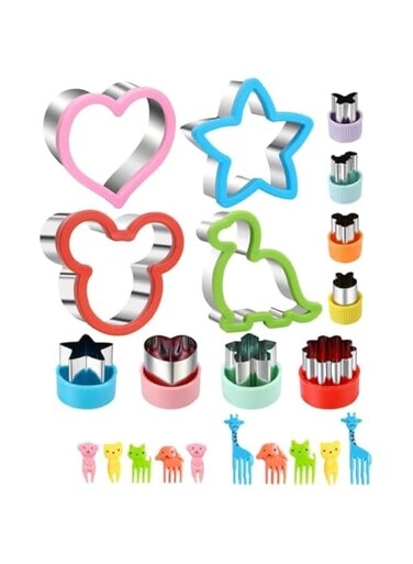 12Pcs Stainless Steel Sandwich Cookie Cutters Set Mini Vegetable Fruit Cutters Food Grade Cookie Cutter Mold for Kids Food Decoration Tools for Kitchen,with 10 Pcs Cartoon fruit fork