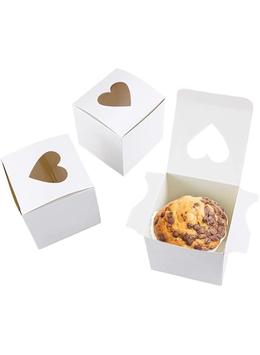 Newbested 50 Pack 3" Mini Individual White Cupcake Box with Heart Shaped Window,Small Single Favor Bakery Candy Paper Box Container for Mini Cake Cupcake Cookie Dessert Pastry Wedding Valentine's Day