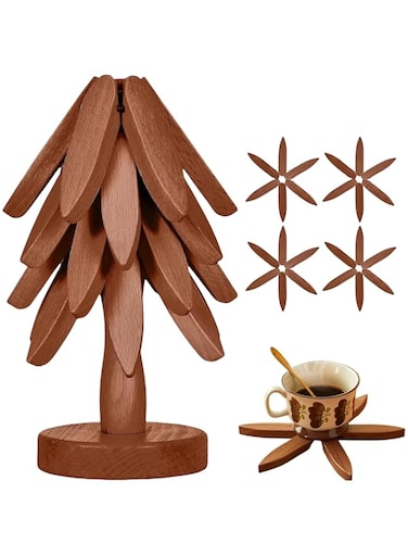 Angju Wooden Trivet for Hot Dishes,4 Tree Shape Wooden Trivets+1 Stand,Trivets for Hot Dishes,Natural Foldable Kitchen Trivet,for Pot、Bowl、Teapot Holders