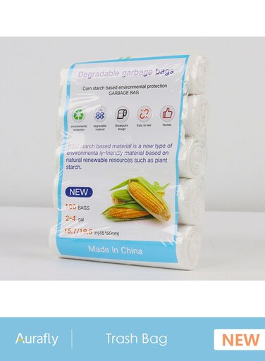 Environmentally Friendly Biodegradable Garbage Bags 45x50cm (5 Rolls, 100 Pcs), Thickened Garbage Bags, Suitable For Home, Kitchen, Restaurant and Office Garbage Bags White