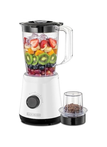 BLACK+DECKER Blender &amp; Smoothie Maker, 500W, 1.5L, Stainless Steel Blades, Grinder Mill, Ice Crushing, 2 Speed + Pulse, Safety Jar Lock, Compact Design for Easy Storage &ndash; White, BX520-B5