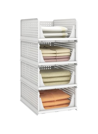Fohome Stackable Clothes Plastic Storage Basket,4 Pack Foldable Closet Organizer Shelf Cloth Holder,Drawer Shelf Storage Container for Wardrobe Cupboard Kitchen Bathroom Office (4 Pack)