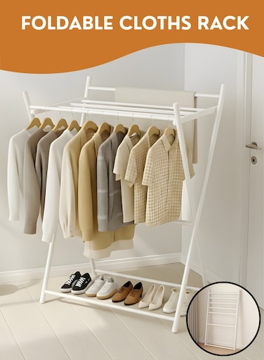 Foldable Clothes Drying Stand Heavy Duty Metal Garment Rack with Shoe Shelf, Portable Clothing Rack Stand for Bedroom &amp; Laundry, Space-Saving, Clothes Hanger Stand Drying Rack