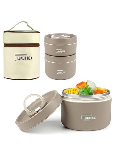 GGEROU Kids Thermal Bento Lunch Box Set for School, Insulated Lunch Containers With Bag,3 Separate Stackable Lunch Container, Microwaveable Lunch Box Bento Box for Adults &amp; Kids (2-Layer, Coffee)