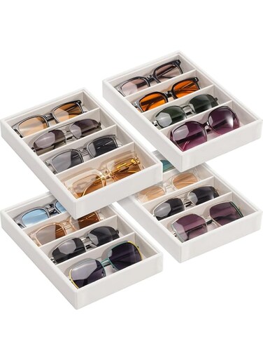 Lolalet Sunglasses Organizer Tray, 4 Grids Velvet Glasses Eyewear Holder Trays, Sunglass Display Drawer Storage for Women Men -4 Pack, Beige