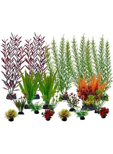 18 Pack Artificial Aquarium Plants Set,Lifelike Plastic Green Plants Aquarium Decorations for Fish Tank,Household and Office Aquarium Simulation,No Harm, No Fading (Crimson)