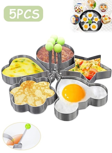 5 PCS Stainless Steel Egg Molds, Egg Shaper Pancake Maker with Handle, Stainless Steel Pancake Mold for Omelettes &amp; Fried Eggs