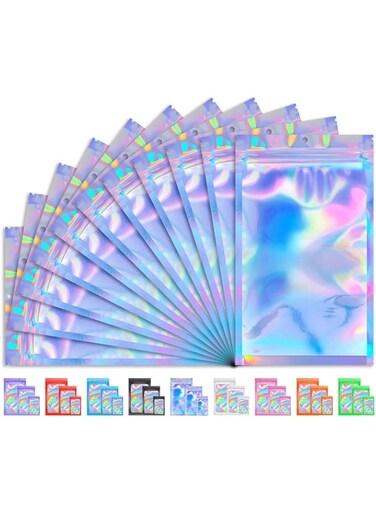 Khazna 100 PCS Smell Proof Bag, Holographic Bags Packaging Bags for Small Business, Foil Freshies Bags for Food Storage, Sample Bags Resealable Bags for Eyelash, Jewelry, 3.9in*2.4in