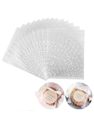 NCN Self Adhesive Cookie Bags Cellophane Treat Bags, Searik White Polka Dot Plastic Pastry Bags with Thank You Labels for Party Gift Giving Bakery Candy Cookie Chocolate (3.94 x 3.94 Inches, 100 Pcs)