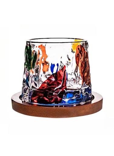 crystal cup, rotating crystal cup with creative wooden coaster, can be used to hold water, juice and drinks (tree grain contrast color)