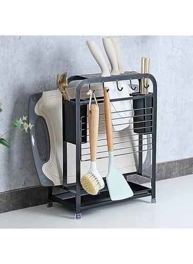 Belvery Knife Holder Cutting Board Holder Cutlery Drainer Basket Cooking Cutlery Organizer All In 1 With Non-Slip Feet 5 Hooks For Chopsticks Spoon Fork Removable Tray Higher Size For Kitchen Counter