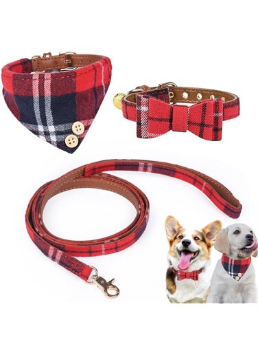 KWSLIN 3 Pack Bow Tie Dog Collar and Leash Set, Adjustable Leather Dog Collar, Plaid Collar with Bell for Puppies, Small Dogs, Medium Dogs and Cats, Red Black Plaid Style