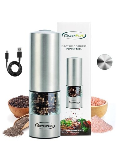 HavenPlus Electric Cordless Pepper Mill &ndash; Stainless Steel with LED Light, Adjustable Coarseness, Up to 180 Uses Without Recharge, Ideal for Kitchen, BBQ, and Everyday Cooking.
