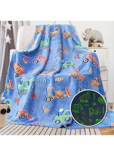 in The Dark Blanket, 50" x 60" Throw Blankets Super Cozy Plush Soft Fleece Blanket for Girls Boys Birthday Gifts, Kids Construction Blanket, for Kids (Blue, Construction Vehicle Series)