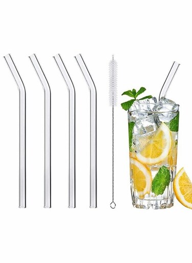 4 Pcs Reusable Bent Glass Drinking Straws With Cleaning Brushes