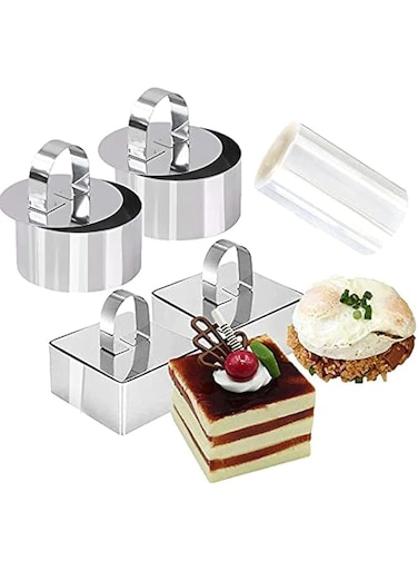 KASTWAVE 9 Pieces Of 3.15 Inch Food Display Ring, Stainless Steel Round Square Cake Ring Mold, With 3 Inch Cake Ring, With Cooking Press, For Baking Cakes And Pastries