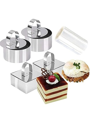 KASTWAVE 9 Pieces Of 3.15 Inch Food Display Ring, Stainless Steel Round Square Cake Ring Mold, With 3 Inch Cake Ring, With Cooking Press, For Baking Cakes And Pastries