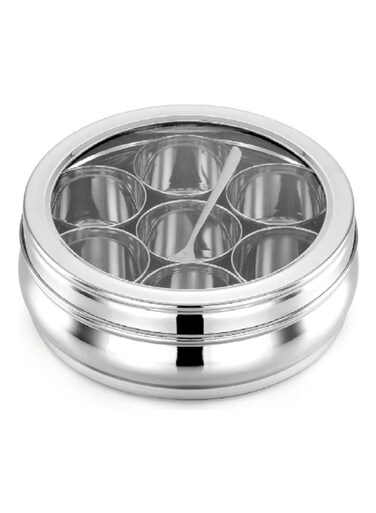 Stainless Steel Spice Box Round Masala Dabba with Transparent Lid and 7 Jars 8.5inches
