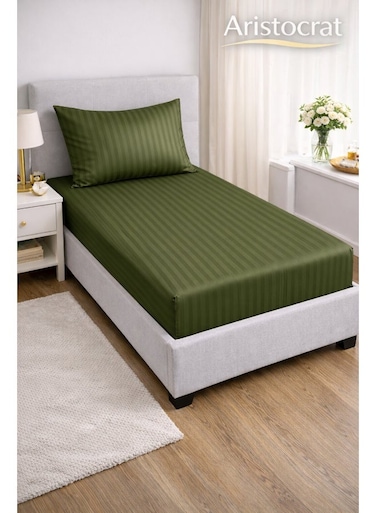 2-Piece Striped Microfiber Fitted Sheet Set Single 90x200cm &acirc;&euro;&ldquo; Soft Elastic Deep Pocket 17cm Bedsheet with 1 Pillowcase 50x70cm, Olive Microfiber Olive Single