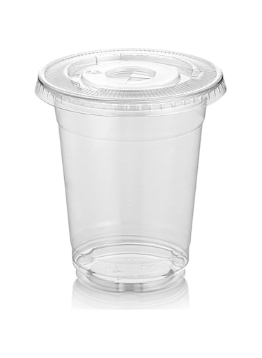 200 - SET - Plastic Clear Cup With Flat Lid - 14oz (415ml) Take a way - Disposable - Party Cups (COLD DRINKS-ICED COFFEE-BUBBLE TEA-SMOOTHIE)