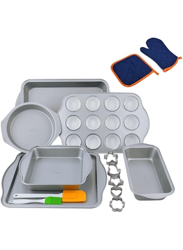 Prestige Nonstick Bakeware Set - 25 Piece kit with Round, Square, Loaf, Roaster, Muffin Pans   Cookie Sheet, Silicone Spatula &amp; Brush   5 Cutters, Oven Gloves, and 12 Paper Cups Complete Baking Set