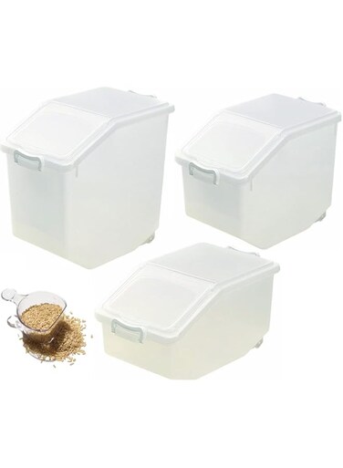Premify Rice Storage Containers 3pcs Set (5kg, 10kg, 15kg) - Food Storage Container with Lid, BPA Free Plastic Large Cereal Sotrage Box, Kitchen Multifunctional Container with Measuring Cup