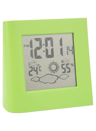 Jectse Solar Weather Forcast Clock, Temperature and Humidity Sensor, Timing Digital Hygrometer, Dual Energy Alarm Clock for Homes Offices Schools Laboratories Kitchens (Green)