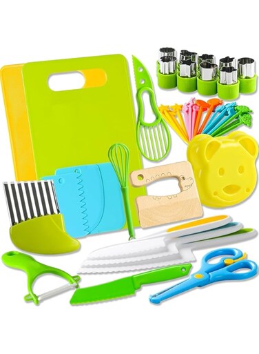 AM ANNA 46 Pcs Kitchen Tools for Toddlers,Kids Cooking Sets Real,Toddler Safe Knives Set for Real Cooking with Plastic Toddler Safe Knives Crinkle Cutter Kids Cutting Board,Gifts Toy
