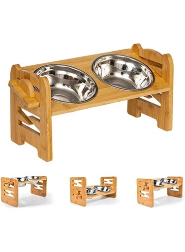 BRKT Elevated Dog Bowls   Adjustable Titled Stainless Steel Dog and Cat Bowls  Removable Raised Bamboo Stand Anti-spill Pet Food Water Feeding Dishes for Small, Medium Dogs and Cats