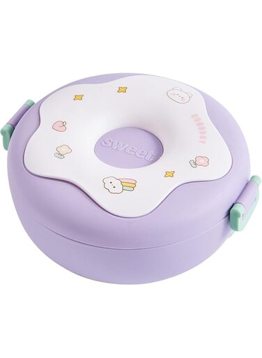 ChicAbode 1PC Lunch Box for Kid, School Child Snack Box, Donut Cartoon Bento Box, Lunch Box with Fork Spoon 3 Compartment Microwavable