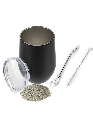 Double Wall Stainless Steel Yerba Mate Tea Cup with Bombilla Straw Easy Clean Black Gourd Set for Loose Leaf Drinking