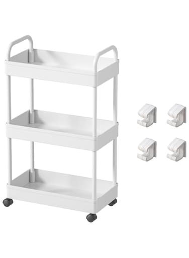 Uptyia Storage Carts,Uptyia 3-Tier Handled Rolling Trolley Storage Organizer Shelf Rack with 3 Storage Baskets and Wheels for Narrow PlacesWith handle(White), 3-Tier)