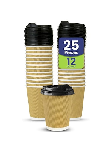 SNH Packing12 Oz (Pack of 25) Brown Ripple Disposable Cups With Lids - 3-Layered Corrugated Paper Cups - Disposable Coffee Cup for Hot &amp; Cold Drinks - Perfect for Events &amp; Parties (Brown Cups with Lid