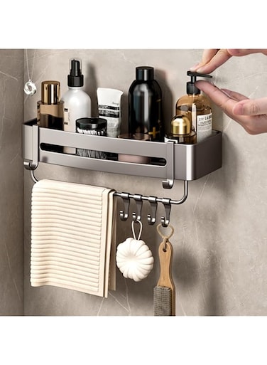 NILYNN Modern Minimalist Silver Wall Mounted Shower Caddy Rust Resistant Aluminum Shower Organizer Racks for Bathroom Kitchen (Small with Bar)