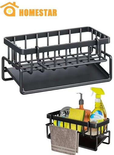Steel Kitchen Sink Organizer with Self-Draining Drainage Tray, Sponge Holder, Mop Holder, Kitchen Organizer, Black