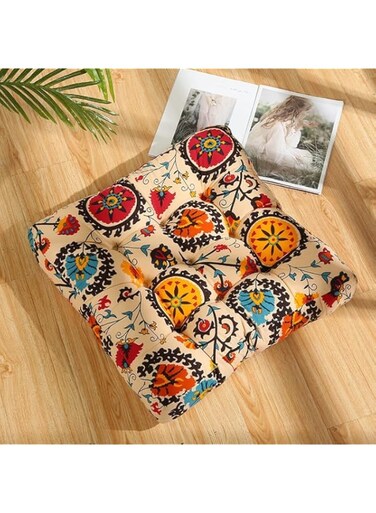 Boho Square Floor Seat Pillows Cushions 55 x 55 CM, Soft Cotton Linen Bohemian Yoga Mandala Meditation Pouf Tatami Floor Pillow Cushion for Living Room Adults &amp; Kids Casual Reading Nooks,Flowers Beige