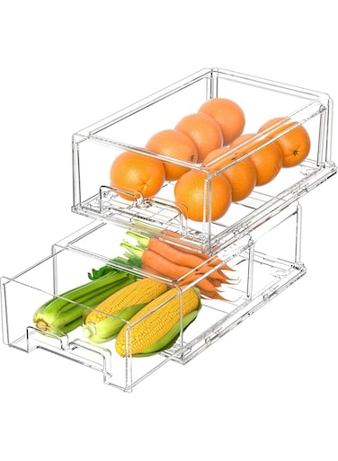 Fridge Organizer Bins Set, Transparent Stackable Fridge Organizer Storage Bins with Drawers Lids for Fruit Vegetable Storage &amp; Keep Fresh (2 Pcs Set)