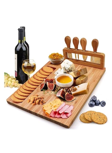 U-HOOME Bamboo Cheese Board, Charcuterie Platter &amp; Serving Tray Including 4 Stainless Steel Knife &amp; Thick Wooden Server For Cracker, Brie, Meat &amp; Wine