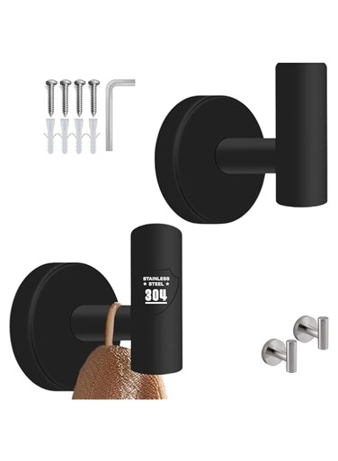 2 Matte Black Stainless Steel Towel Hooks for Bathroom - Easy Wall Mount, Strong Holders for Kitchen, Bedroom, Hotel, Pool, and Coats