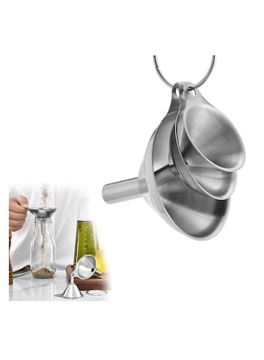 Stainless Steel Small Funnels Strainer with Metal Long Handle Tools (Silver) -Set of 3