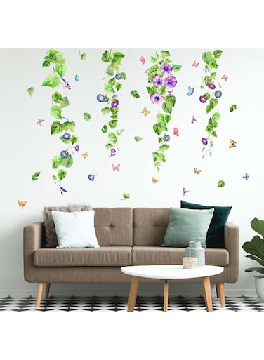 Amimagen Morning Glory Hanging Vines Flowers Wall Stickers - Green Plants Leaves Floral Wall Decals - Bedroom Living Room Sofa TV Background Home Wall Decor