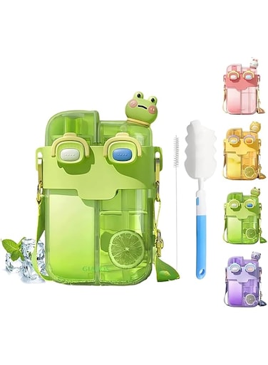 HiGropcore Kawaii Water Bottle Cute Water Bottles with Straw, Double Chamber Water Bottle with Adjustable Strap and Kawaii 3D Stickers, Portable Leakproof Water Jug, 26oz, Green (9av2bg6qr3bs6dr8D03)