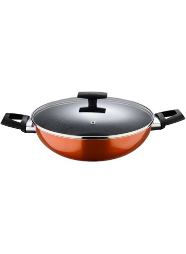 BERGNER ULTRA PRESSED ALUMINUM KADAI+ LID 28X8 CM WITH HEAT DOT TECHNOLOGY, INDUCTION BOTTOM, METALIC ORANGE COLOR, BG31315OR